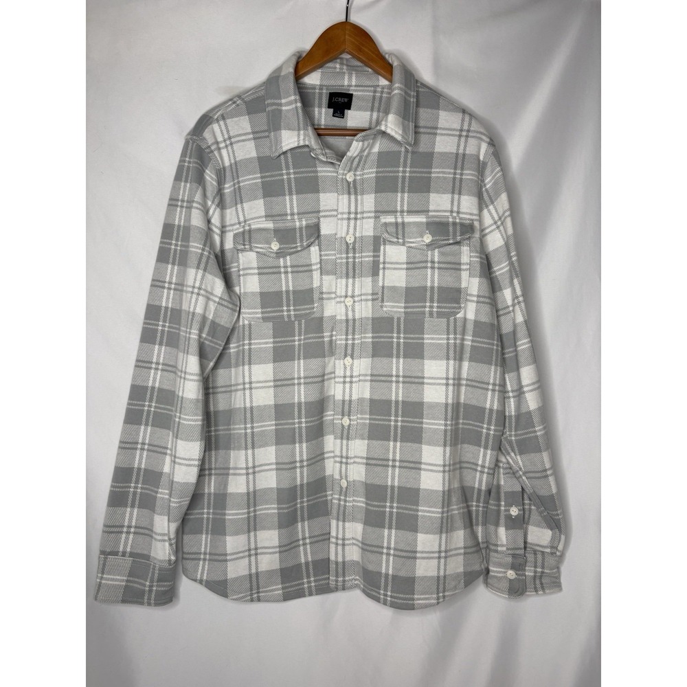 J Crew Men's L Plaid Flannel Button Up Grey White Gorpcore Cozy Cabin Hiking
